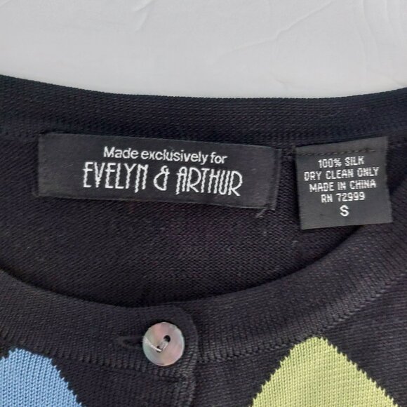 Cardigan Sweater Black Argyle Large Long Sleeves Colorful Preppy Classy Silk EUC - Picture 9 of 12